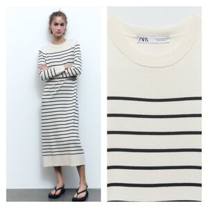 ZARA Ivory Black Stripe Long Sleeve Knit Midi Sweater Dress XL NWT Blogger
